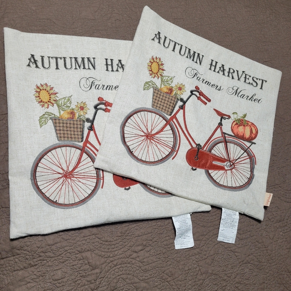 Set of 2 Farmers Market Autumn Harvest Fall accent pillow covers, embroidered